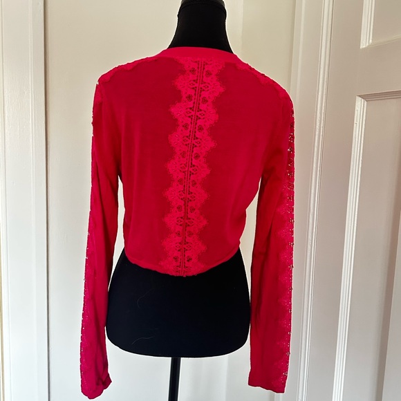 Unique Elie Tahari Hot Pink Merino / Lace Wool Cropped Cardigan - Picture 3 of 9